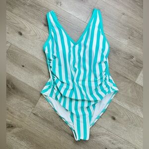 Kona Sol Stripes One Piece Swimsuit Aqua and White Size 16